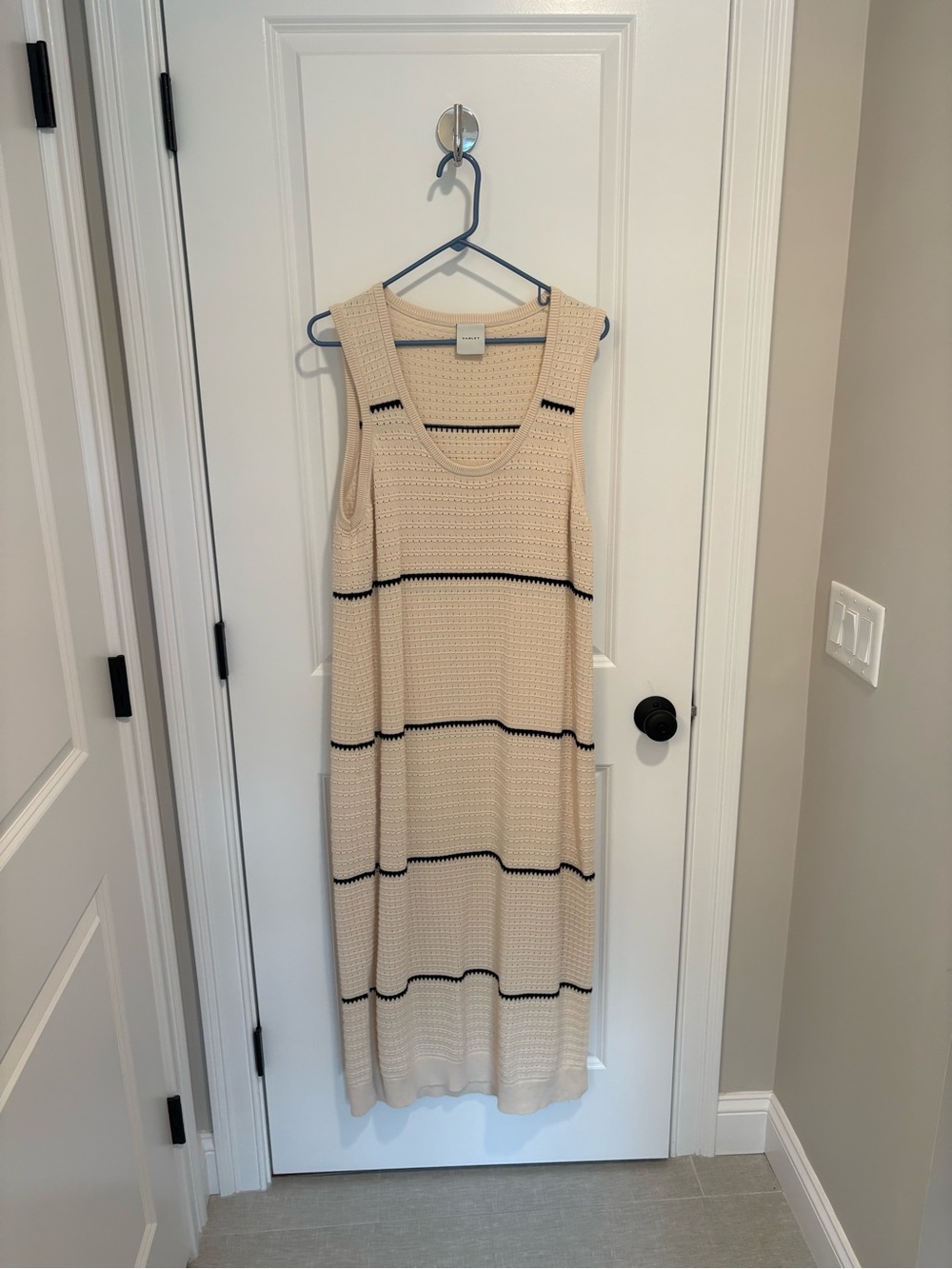 Varley Cream Knit Sleeveless Midi Dress with Black Stripes
